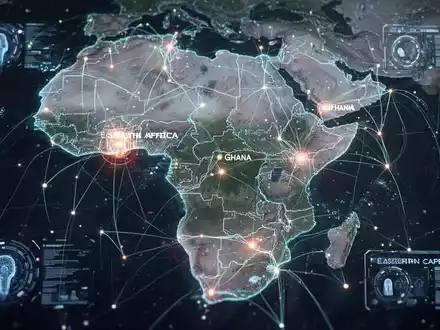 Digitales Netzwerk über Afrika, das wichtige KI- und Infrastrukturzentren in Südafrika, Ghana und dem Ostkap hervorhebt. - Foto: über boerse-global.de