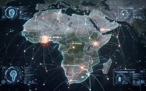 Digitales Netzwerk über Afrika, das wichtige KI- und Infrastrukturzentren in Südafrika, Ghana und dem Ostkap hervorhebt. - Foto: über boerse-global.de