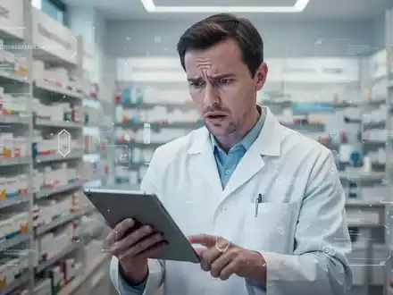 Apothekerin in moderner Apotheke hält Tablet, blickt besorgt, mit digitalen Überlagerungen. - Foto: über boerse-global.de