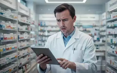 Apothekerin in moderner Apotheke hält Tablet, blickt besorgt, mit digitalen Überlagerungen. - Foto: über boerse-global.de