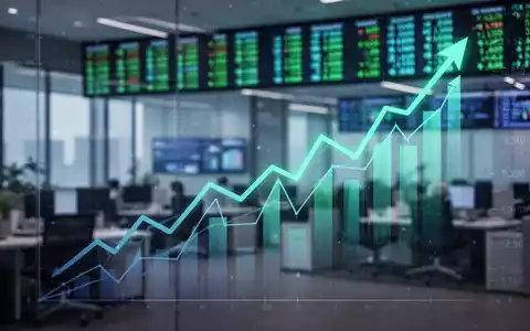 Stilisierter Finanzchart mit Aufwärtstrend, digitalen Datenüberlagerungen und Börsenticker vor unscharfem Bürohintergrund. - Foto: über boerse-global.de