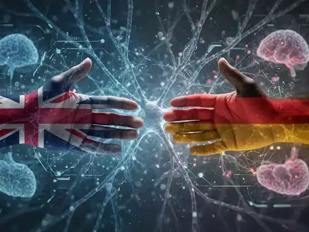 Zwei Hände mit UK- und Deutschland-Flaggen-Muster greifen über eine digitale KI-Oberfläche. - Foto: über boerse-global.de