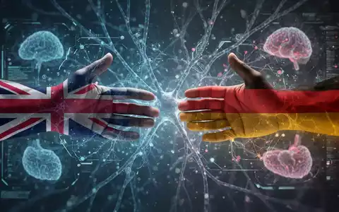 Zwei Hände mit UK- und Deutschland-Flaggen-Muster greifen über eine digitale KI-Oberfläche. - Foto: über boerse-global.de