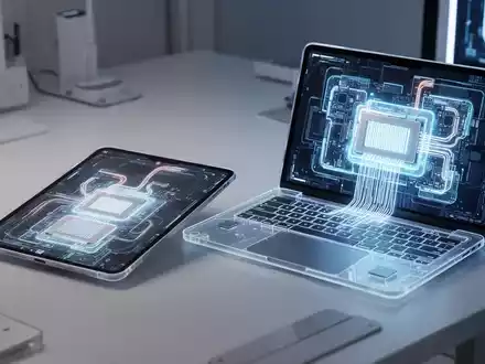 Ein Apple iPad Pro und ein neu gestaltetes MacBook Pro auf einem futuristischen Schreibtisch, mit leuchtenden Innenkomponenten, die neue Technologie symbolisieren. - Foto: über boerse-global.de