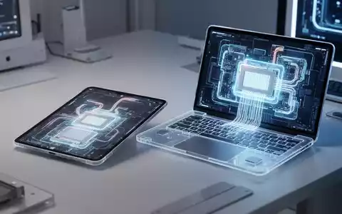 Ein Apple iPad Pro und ein neu gestaltetes MacBook Pro auf einem futuristischen Schreibtisch, mit leuchtenden Innenkomponenten, die neue Technologie symbolisieren. - Foto: über boerse-global.de