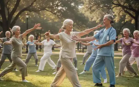 Senioren nehmen an einer geführten Tai-Chi-Sitzung in einem Park teil, demonstriert von einem Physiotherapeuten. - Foto: über boerse-global.de