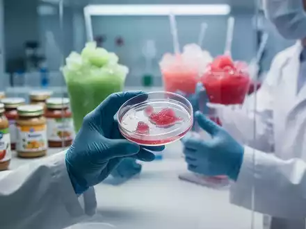 Ein Wissenschaftler in einem Labor untersucht eine Petrischale, im Hintergrund unscharf Gläser mit Babynahrung und Slush-Eis-Getränke. - Foto: über boerse-global.de