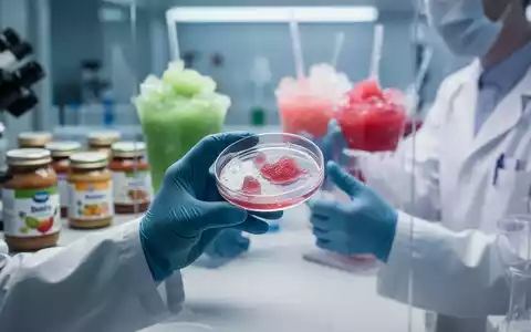 Ein Wissenschaftler in einem Labor untersucht eine Petrischale, im Hintergrund unscharf Gläser mit Babynahrung und Slush-Eis-Getränke. - Foto: über boerse-global.de