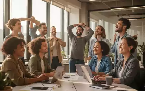 Eine Gruppe glücklicher und produktiver Mitarbeiter arbeitet in einem modernen Büro, einige machen leichte Dehnübungen. - Foto: über boerse-global.de