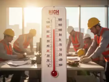 Ein Thermometer zeigt extrem hohe Temperaturen, mit unscharfem Hintergrund von Arbeitnehmern, die unter der Hitze leiden. - Foto: über boerse-global.de