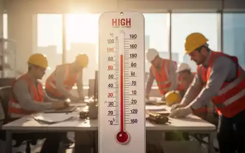 Ein Thermometer zeigt extrem hohe Temperaturen, mit unscharfem Hintergrund von Arbeitnehmern, die unter der Hitze leiden. - Foto: über boerse-global.de