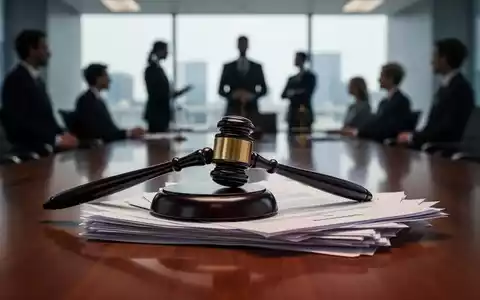 Ein stilisierter Hammer liegt auf einem Stapel juristischer Dokumente auf einem polierten Holztisch, im Hintergrund unscharfe Silhouetten von Personen in einem modernen Büro oder Sitzungssaal. - Foto: über boerse-global.de