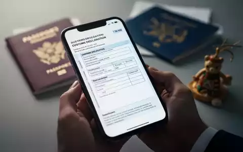 Eine Hand hält ein Smartphone mit einem Formular zur Zollanmeldung, im Hintergrund verschwommen ein Reisepass und ein Souvenir. - Foto: über boerse-global.de
