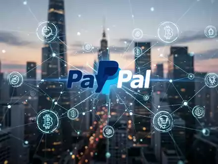 Stilisiertes PayPal-Logo im Zentrum eines digitalen Netzwerks aus Linien und Knoten, mit Kryptowährungssymbolen und E-Commerce-Icons. - Foto: über boerse-global.de
