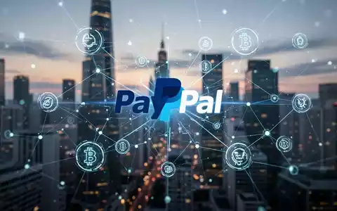 Stilisiertes PayPal-Logo im Zentrum eines digitalen Netzwerks aus Linien und Knoten, mit Kryptowährungssymbolen und E-Commerce-Icons. - Foto: über boerse-global.de