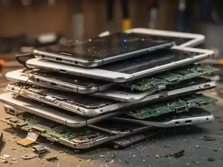 Nahaufnahme eines Stapels ausrangierter Elektronikgeräte wie Smartphones und Tablets in einem Reparaturwerkstatt-Ambiente. - Foto: über boerse-global.de