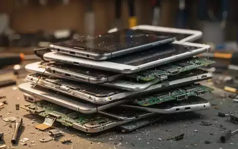 Nahaufnahme eines Stapels ausrangierter Elektronikgeräte wie Smartphones und Tablets in einem Reparaturwerkstatt-Ambiente. - Foto: über boerse-global.de