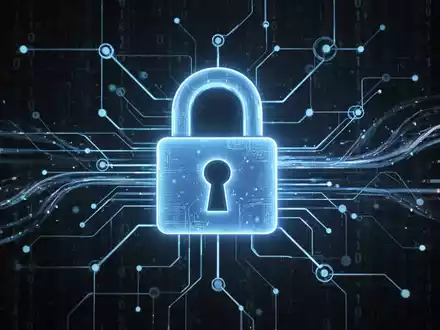 Leuchtend blaues Vorhängeschloss-Symbol über digitalem Netzwerkdiagramm mit Datenströmen, symbolisiert Cybersicherheits-Updates und Schwachstellenbehebung. - Foto: über boerse-global.de