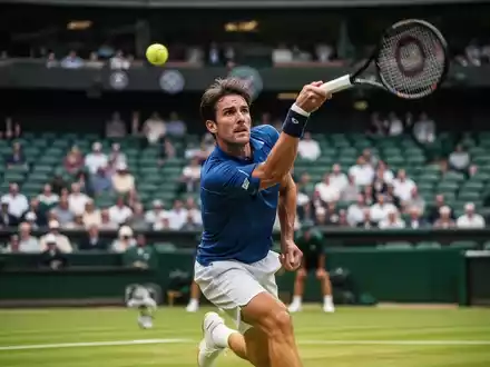 Ein Tennisspieler in Aktion auf einem Rasenplatz, während eines Aufschlags, mit einem verschwommenen Stadionhintergrund. - Foto: über boerse-global.de