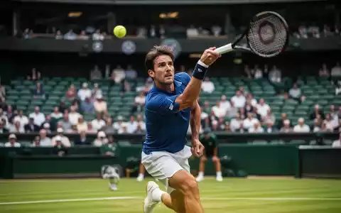 Ein Tennisspieler in Aktion auf einem Rasenplatz, während eines Aufschlags, mit einem verschwommenen Stadionhintergrund. - Foto: über boerse-global.de
