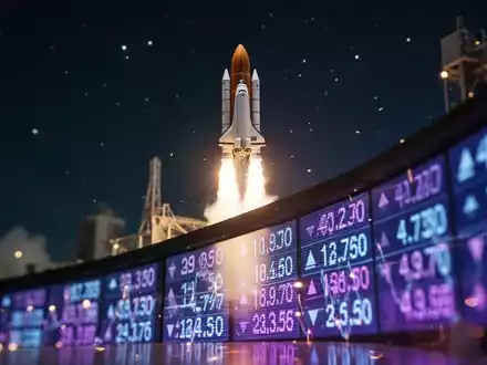 Miniaturrakete startet vor einem unscharfen Finanzticker, der den Start widerspiegelt, mit Sternenhimmel im Hintergrund. - Foto: über boerse-global.de