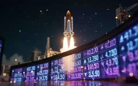 Miniaturrakete startet vor einem unscharfen Finanzticker, der den Start widerspiegelt, mit Sternenhimmel im Hintergrund. - Foto: über boerse-global.de