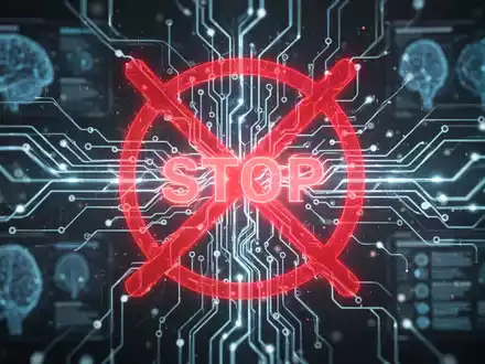Leuchtend rotes 'X'-Symbol über komplexem, futuristischem digitalem neuronalen Netzwerk, das KI-Nutzungsbeschränkungen darstellt. - Foto: über boerse-global.de