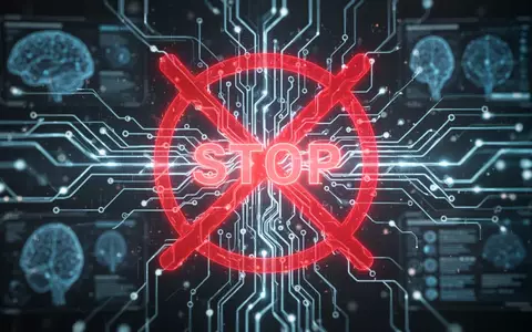 Leuchtend rotes 'X'-Symbol über komplexem, futuristischem digitalem neuronalen Netzwerk, das KI-Nutzungsbeschränkungen darstellt. - Foto: über boerse-global.de