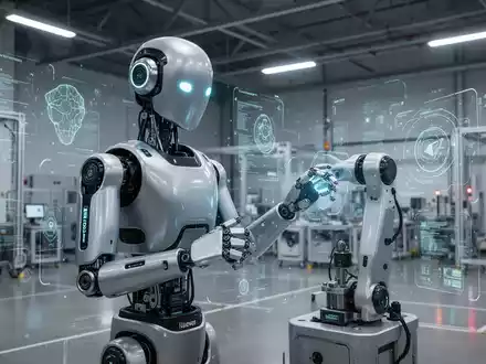 Fortschrittlicher humanoider Roboter, möglicherweise Apptronik Apollo 2, in einer großen High-Tech-Trainingsanlage für Robotik, mit Fokus auf KI-Optimierung. - Foto: über boerse-global.de
