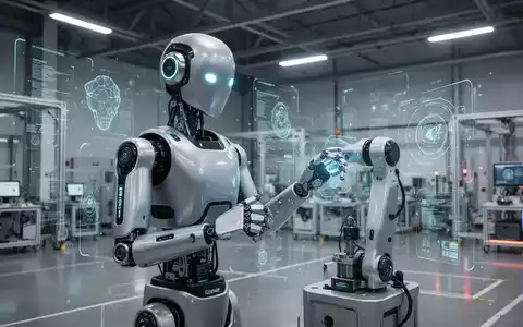 Fortschrittlicher humanoider Roboter, möglicherweise Apptronik Apollo 2, in einer großen High-Tech-Trainingsanlage für Robotik, mit Fokus auf KI-Optimierung. - Foto: über boerse-global.de