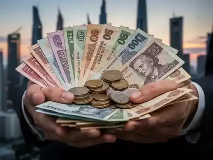 Hände halten einen Stapel verschiedener Banknoten und Münzen vor einem unscharfen Hintergrund einer Stadt bei Dämmerung. - Foto: über boerse-global.de