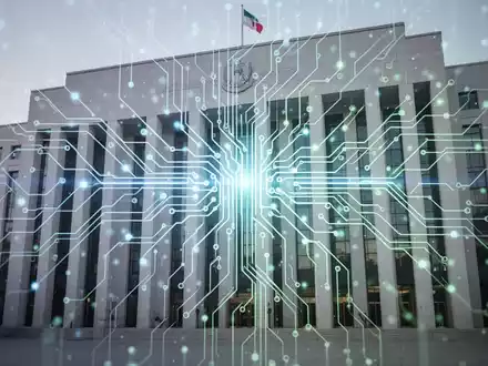 Leuchtendes neuronales Netz über einem modernen Regierungsgebäude, symbolisiert KI und digitale Transformation in der öffentlichen Verwaltung. - Foto: über boerse-global.de