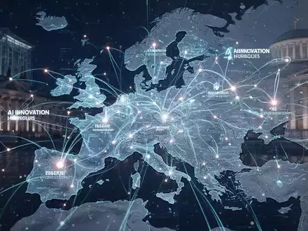 Leuchtendes digitales Netzwerk über Europakarte, symbolisiert technologische Unabhängigkeit und KI-Innovation. - Foto: über boerse-global.de