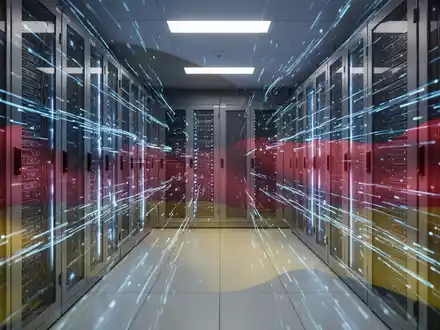Serverraum mit blauen Datenströmen und dezentem Deutschlandflaggen-Overlay, Symbol für Cybersicherheit und Aufklärung. - Foto: über boerse-global.de