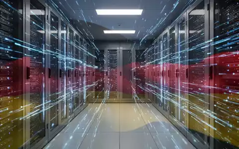 Serverraum mit blauen Datenströmen und dezentem Deutschlandflaggen-Overlay, Symbol für Cybersicherheit und Aufklärung. - Foto: über boerse-global.de