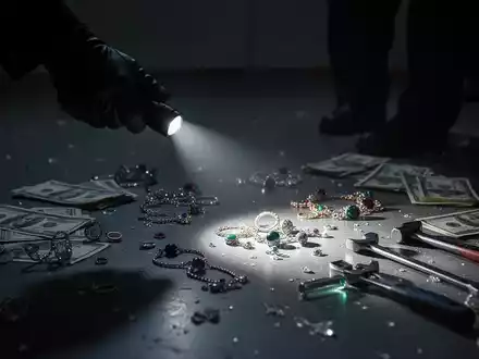 Eine behandschuhte Hand mit Taschenlampe beleuchtet verstreuten Schmuck, Bargeld und Werkzeuge auf dunklem Boden, nach einem Diebstahl. - Foto: über boerse-global.de