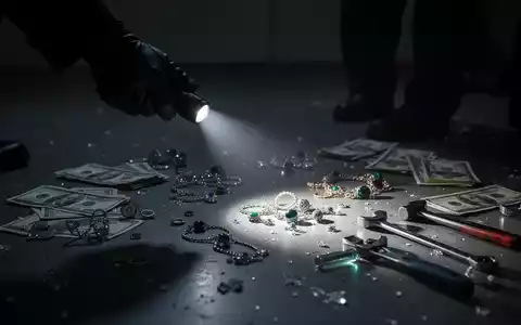 Eine behandschuhte Hand mit Taschenlampe beleuchtet verstreuten Schmuck, Bargeld und Werkzeuge auf dunklem Boden, nach einem Diebstahl. - Foto: über boerse-global.de