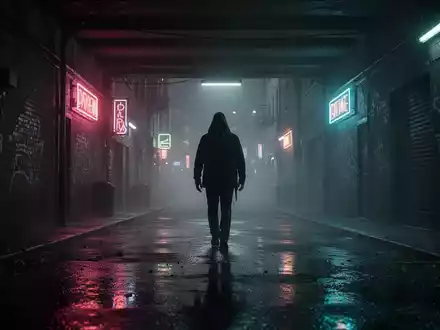 Eine dunkle, regennasse Gasse bei Nacht, mit verschwommenen Neonlichtern im Hintergrund und einer schemenhaften Gestalt. - Foto: über boerse-global.de