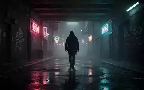 Eine dunkle, regennasse Gasse bei Nacht, mit verschwommenen Neonlichtern im Hintergrund und einer schemenhaften Gestalt. - Foto: über boerse-global.de