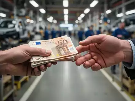 Hände, eine mit einem kleinen Stapel Euro-Banknoten, die andere schiebt sie weg, vor unscharfem industriellen Hintergrund. - Foto: über boerse-global.de
