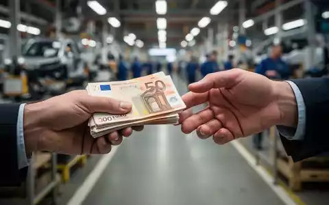 Hände, eine mit einem kleinen Stapel Euro-Banknoten, die andere schiebt sie weg, vor unscharfem industriellen Hintergrund. - Foto: über boerse-global.de
