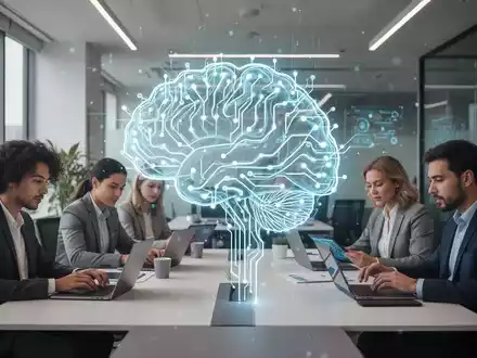 Stilisierte KI-Gehirn-Ikone über modernem Büro mit vielfältigen Fachleuten an Laptops, symbolisiert KI-zentrierte Produktivität. - Foto: über boerse-global.de