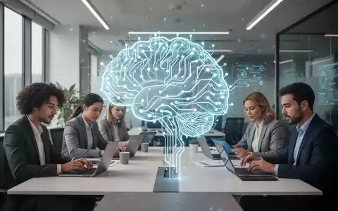 Stilisierte KI-Gehirn-Ikone über modernem Büro mit vielfältigen Fachleuten an Laptops, symbolisiert KI-zentrierte Produktivität. - Foto: über boerse-global.de