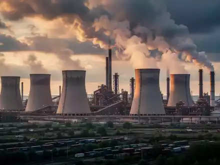 Industrielandschaft mit Stahlwerken und Emissionen unter einem dramatischen Himmel, die den Kohlenstoff-Grenzausgleichsmechanismus (CBAM) darstellt. - Foto: über boerse-global.de