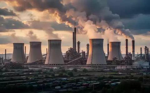 Industrielandschaft mit Stahlwerken und Emissionen unter einem dramatischen Himmel, die den Kohlenstoff-Grenzausgleichsmechanismus (CBAM) darstellt. - Foto: über boerse-global.de