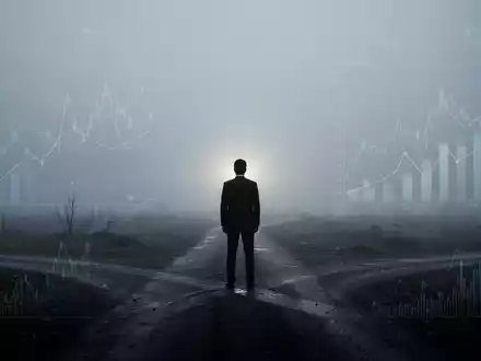 Eine einzelne, silhouettierte Figur steht an einer nebligen Weggabelung und blickt auf ein schwaches Licht am Horizont. - Foto: über boerse-global.de