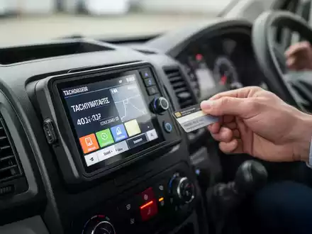 Ein digitaler Tachograph in einem Armaturenbrett eines Lieferwagens, mit einer Hand, die eine Fahrerkarte einführt. - Foto: über boerse-global.de