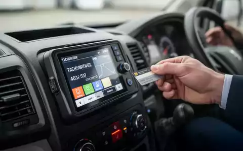 Ein digitaler Tachograph in einem Armaturenbrett eines Lieferwagens, mit einer Hand, die eine Fahrerkarte einführt. - Foto: über boerse-global.de