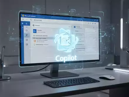 Holografische Projektion der Microsoft Outlook-Oberfläche mit leuchtendem Copilot-Symbol auf einem modernen Desktop. - Foto: über boerse-global.de