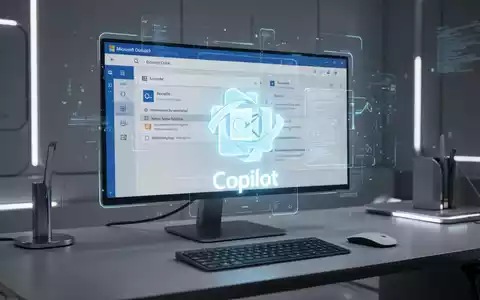 Holografische Projektion der Microsoft Outlook-Oberfläche mit leuchtendem Copilot-Symbol auf einem modernen Desktop. - Foto: über boerse-global.de